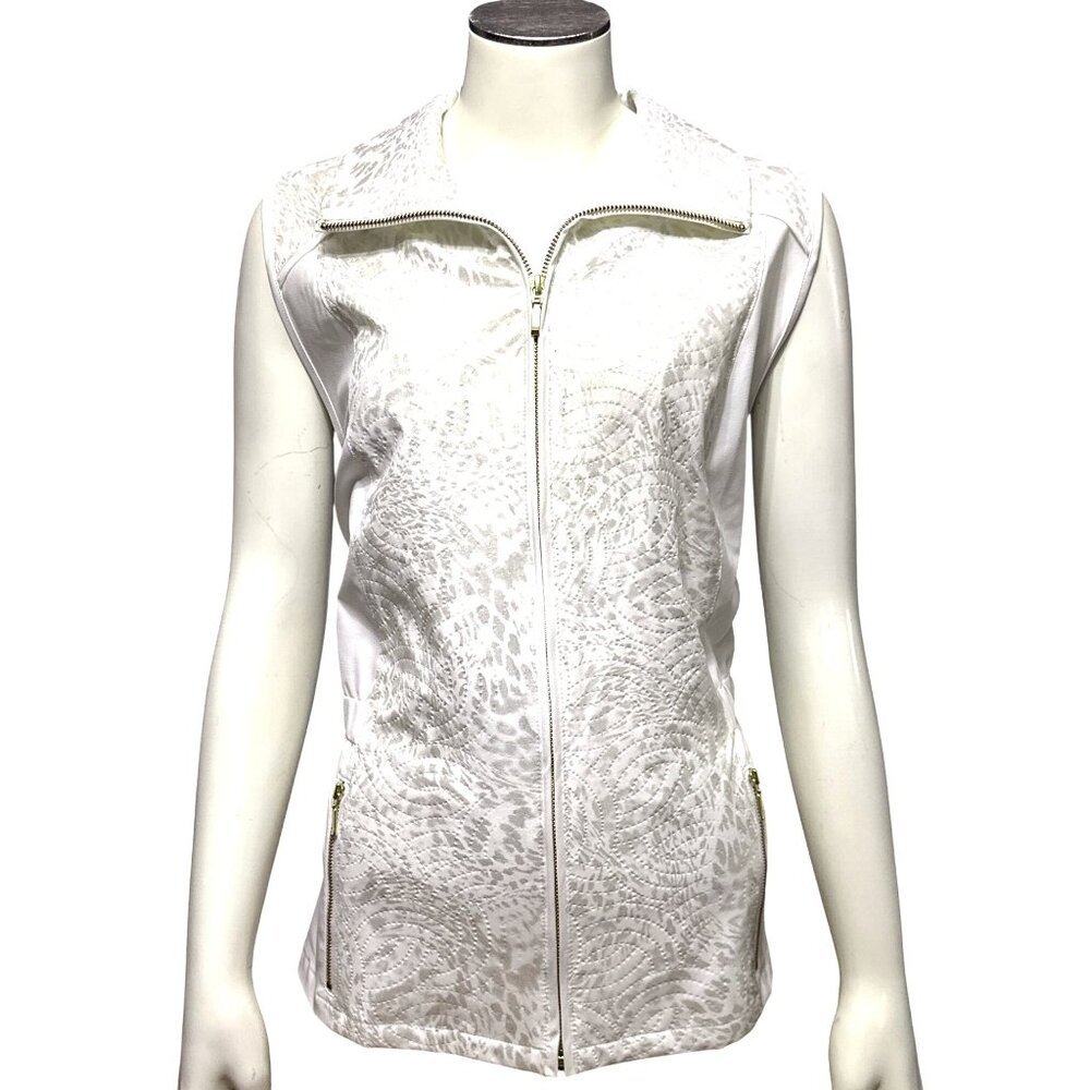 Chicos Zenergy White Animal Print Quilted Zip Front Sleeveless Lightweight Vest